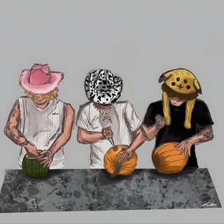 three people wearing masks and holding basketballs Sturniolo Halloween How To Draw Triplets, Sturniolo Triplets Charlie Brown, Sturniolo Triplets As Peanuts Characters, dark gray