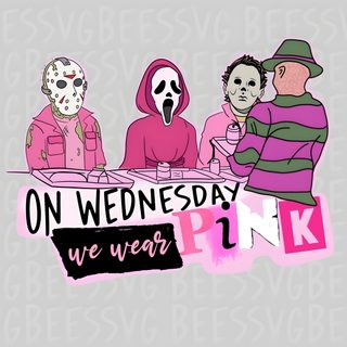 three people sitting at a table with the words on wednesday we wear pink in front of them Mean Girls Halloween Horror Aesthetic Pink, Scream With Pink Phone, Pink Horror Aesthetic, light gray