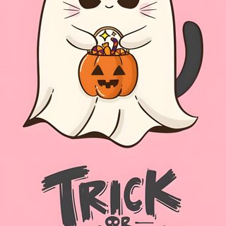 a white cat with a trick or treat pumpkin in its mouth on a pink background Halloween Pastel Cat pink