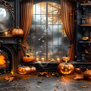 an image of a halloween scene with pumpkins Halloween Fireplace Fall Background With Fireplace, Spooky Halloween Backdrop, Haunted House Background For Photoshop, dark olive green
