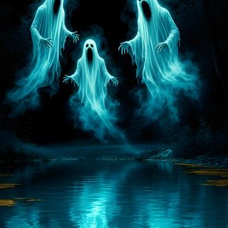 two ghost like figures floating in the air over water Halloween - Ghost Mood - Aqua Halloween Art, Scary Halloween Ghost Images, Scary Ghost Background, black