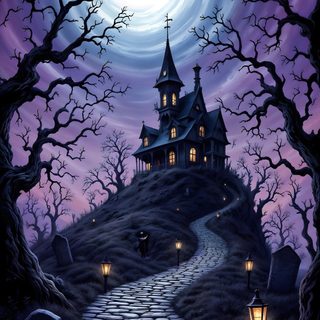 a painting of a house on a hill at night with lanterns in the foreground Halloween House Ideas Spooky Images, Spooky Background, Spooky Haunted Background, dark slate gray
