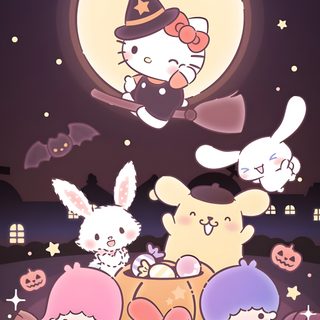 an image of hello kitty and friends in the night sky with pumpkins on the ground Sanrio Halloween Halloween Iphone, Hello Kitty Halloween, Halloween, Decor Shabby Chic, dim gray
