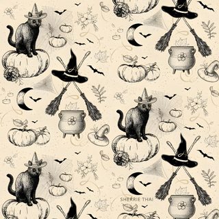 black and white halloween wallpaper with cats on pumpkins, witches brooms and caulders Halloween Fabric Cat Bones Witch And Halloween Prints, Illustration Art, Humanoid Sketch, Halloween, bisque