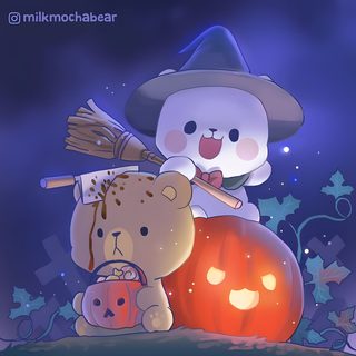 a cartoon bear sitting on top of a pumpkin Milk And Mocha Halloween Calin Gif, Milk & Mocha, Halloween Cute, Bear Halloween, dark slate blue