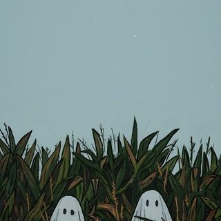 two white ghost like figures peeking out from the bushes Hippie Halloween Ghost In Cornfield, Green Ghost Background, Phone Spooky Aesthetic, dark gray
