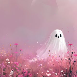 a painting of a ghost in a field of flowers Pink Halloween Laptop Ghost In Pink Flower Field, Halloween Decoration Ideas, Pastel Halloween Art, rosy brown