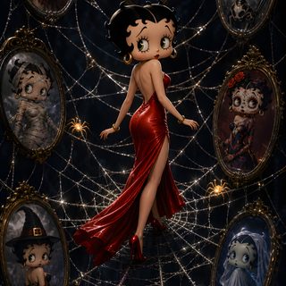 a woman in a red dress standing on a spider web with creepy faces behind her Betty Boop Halloween black
