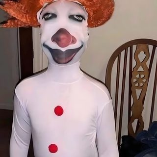 a clown with orange hair and red pants is standing in front of a chair wearing a white body suit Goofy Ahh Halloween Skeleton Hand Drawing Tutorial, Halloween Pictures To Draw, Clowns Funny, rosy brown