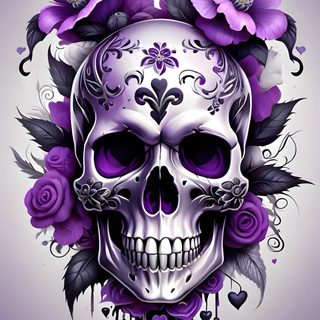 a skull with purple flowers on it's head and some hearts around it, Halloween Skull Purple Custom Purple Skull And Flowers Drawing, Purple Skull Tattoo, Purple Rose Skeleton, dark gray