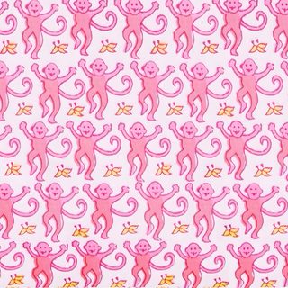 pink monkeys on white background with orange and yellow stars in the bottom right hand corner Roller Rabbit Halloween Diy Monkey-themed Crafts, Kids Room Decor Ideas, Monkey Themed Fabric Design, misty rose