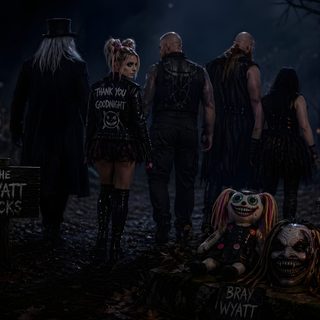 a group of people standing next to each other in the dark with creepy faces on them Wwe Halloween Pro Wrestling, Wrestling, black
