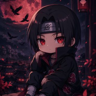 an anime character sitting on the ground in front of a full moon with red eyes Itachi Uchiha Halloween Cute Itachi, Samurai Chibi, Akatsuki Cloak, Baby, Itachi Uchiha, Japanese Art, black