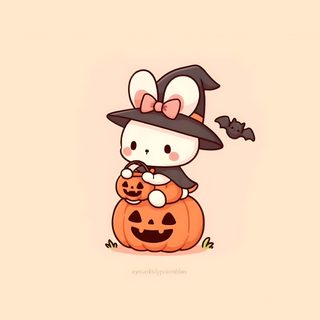 hello kitty sitting on top of a pumpkin wearing a witch hat and holding a jack - o'- lantern Halloween Bunny For Phone Bunny Drawing, Bunny, Bunny Crafts, Halloween Art, Digital, blanched almond