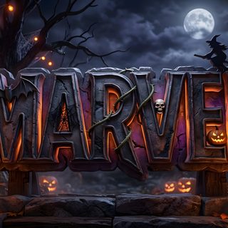 the title for the game's first trailer is shown in front of pumpkins and jack Marvel Halloween dark slate gray
