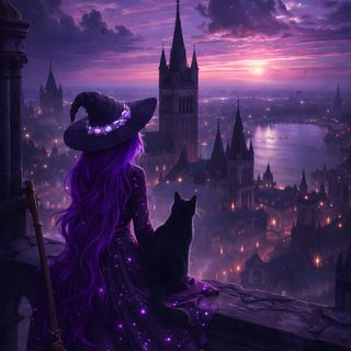 a woman sitting on top of a balcony next to a cat wearing a witches hat Halloween Purple Witch Night Witch, Gothic Purple Witch, Aesthetic Purple Witch, midnight blue