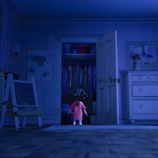 a room with blue walls and wooden flooring is lit up by purple light from the ceiling Monsters Inc Halloween Boo Monster Inc Iphone, Salivan And Bo, Boo Monster Inc, midnight blue