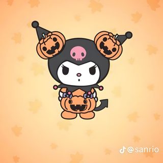 a cute little animal with pumpkins on it's head, holding a teddy bear Kuromi Halloween Iphone Kuromi Halloween Iphone, Orange Kuromi, Halloween Kuromi, Kuromi Halloween, burlywood