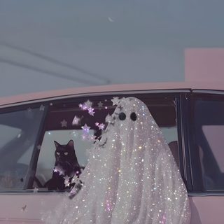 a cat sitting in the drivers seat of a car with a veil draped over it Cute Glitter Halloween Ghost Photography, Glitter Art, Pink Ghost Aesthetic, slate gray