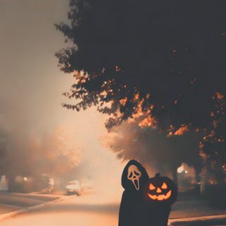 a person holding a jack o lantern on the side of a road with trees in the background Halloween Movie Phone Halloween, Photo Halloween, Halloween Iphone Backgrounds, dark olive green