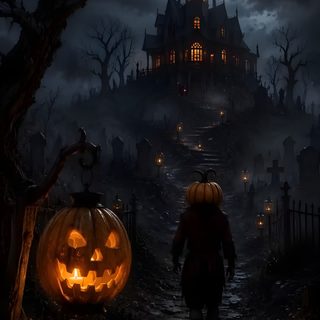 a person walking down a path in front of a castle with pumpkins on it Halloween Live Halloween Ambience, Castle Valley, Photo Halloween, Halloween Party Photo, Pumpkin, black