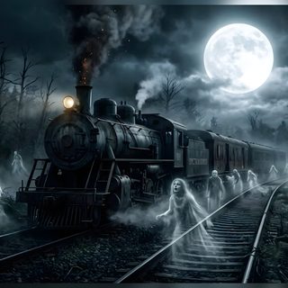 an old fashioned steam train with ghostly people on the tracks and full moon in the background Halloween Ghost Train Ghost Train, Ghost, Train, dark slate gray