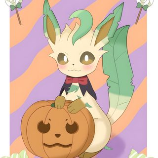 a cartoon character sitting next to a pumpkin Leafeon Halloween Glaceon Halloween, Sylveon Halloween, Sprigatito Halloween, Thanksgiving Eevee, thistle