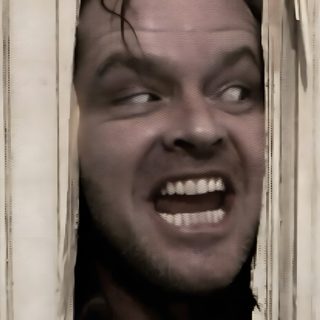 a man with his mouth open peeking out from behind a door The Shining Laptop Halloween Creepy Door Scene, Halloween Decoration Inspiration, Horror Movie Moment, dark gray