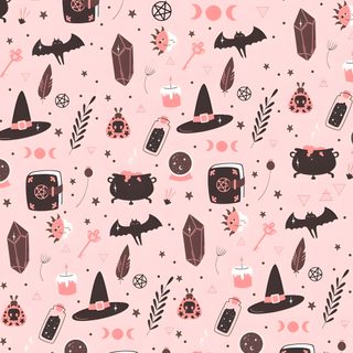 a pink background with black and white items on it Pastel Halloween Party Black Pink Witch Background, Cute Spooky Repeating Pattern, Halloween Pastel, misty rose