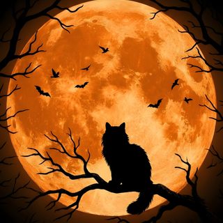 a cat sitting on a tree branch in front of a full moon Orange Cat Halloween black