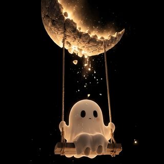 a little white elephant sitting on a swing under the moon Moon Halloween Dreamcore Aesthetic, Cat, Cute Ghost, Scary Halloween, Mobile, Lock Screen, black