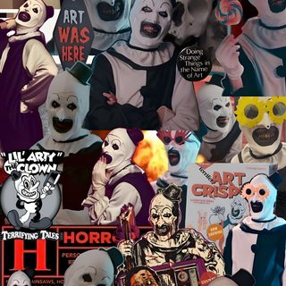Clown Character Design, Halloween Costume Inspiration, Horror Movie Art, Scary Movie Night Ideas, Terrifier Movie Poster Collage, Art The Clown Aesthetic Wallpaper, Art The Clown Collage Wallpaper, Art The Clown Wallpaper 4k Iphone, Art The Clown Wallpaper Cute Art The Clown Halloween Clown Character Design, Halloween Costume Inspiration, Horror Movie Art, dark olive green