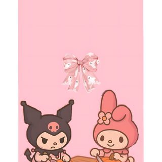 two cartoon characters sitting on top of pumpkins with a bow in the air above them My Melody Halloween pink