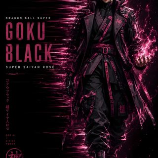 the poster for goku black is shown in pink and purple colors, with an image of Goku Black Halloween 4k Fire Lion, Goku Black Poster, Black Goku, Dragon Ball Painting, Nerd Love,