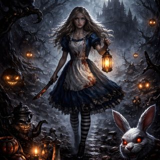 a painting of a girl and a rabbit in a forest with pumpkins on the ground Halloween Alice Custom Dark Alice, Alice In Horrorland, Gothic Alice In Wonderland, dark slate gray
