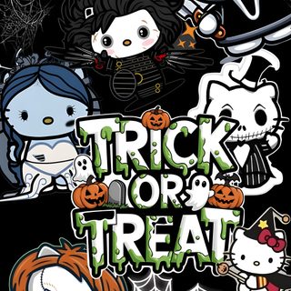 halloween stickers with the words trick or treat written on them and various cartoon characters Hello Kitty And Friends Halloween Spooky Hello Kitty, Hello Kitty Iphone Halloween, Halloween Hello Kitty, dark slate gray