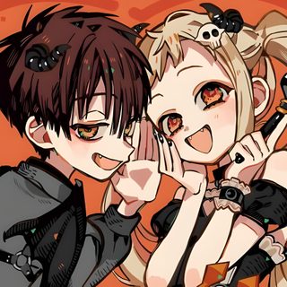 two anime characters are posing together with bats on their shoulders and one is holding his face to the other's ear Tbhk Halloween Jshk Official Art, Official Tbhk Art, Official Art, Tbhk Halloween, Hananene Official Art, peru
