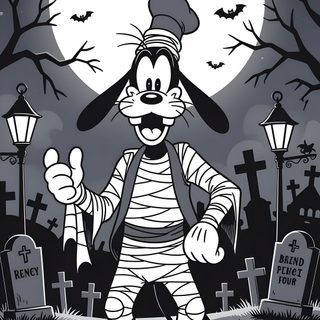 a cartoon character dressed as mickey mouse in front of a cemetery with bats and tombstones Pluto Halloween Digital Art Design, Lady Bird, Halloween, Halloween Digital, Disney Halloween, dim gray