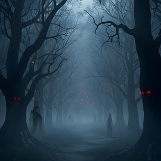 a group of people walking through a dark forest at night with red lights on the trees Horror Background With Scary Monster Halloween Spooky Horror Background, Scary Backgrounds Aesthetic, Horror Movie Background, dark slate gray