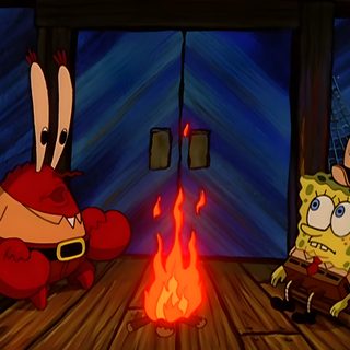 two cartoon characters sitting in front of a fire Halloween Spongebob Mr Krabs Fireplace, Spongebob Surrounded By Fire, Spongebob Guy On Fire Meme, black