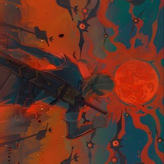an abstract painting with orange, blue and red colors on the bottom half of it Halloween Zelda Totk Cover, Zelda Illustration, Zelda Aesthetic Iphone, dark olive green