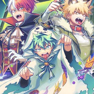 three anime characters standing next to each other My Hero Academia Halloween My Hero Academia, Mha Halloween Deku, Deku And Bakugo Halloween, dark gray