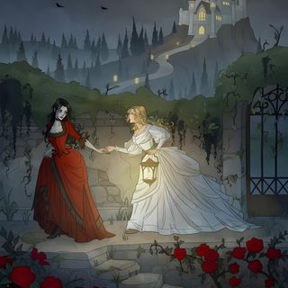 an image of two women in front of a castle at night with roses around them Sapphic Halloween Vampire Castle Art, Vampire Castle Fantasy Art, Carmilla Art, dark slate gray