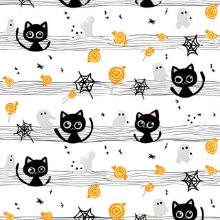 black cats and bats on white fabric with orange stars, pumpkins and spider web Halloween Cats Bats Owls Spiders Sm Halloween Cat Background Images, Kitty Halloween Background, Cute Halloween Cat Background, white