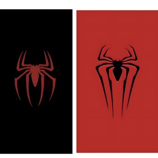 two spider - man logos, one red and one black with the same logo on it Matching Halloween For 2 Matching Phone Couples, Boyfriend And Girlfriend Matching, Matching Spider Man, firebrick