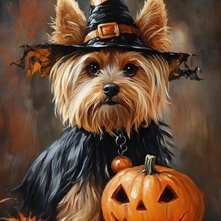 a painting of a dog wearing a witches hat and holding a pumpkin Yorkie Halloween Yorky Terrier, Happy Birthday Animals, Dog Poems, Yorkie Yorkshire Terrier, dark olive green