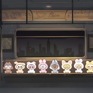 a group of little bunnies sitting in front of a window on the side of a train Skz Halloween Laptop Skzoo Banner, Pc, Kids, dark slate gray