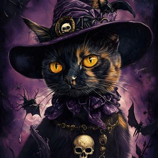 a painting of a cat wearing a witches hat and holding a skull on its chest Halloween Witch Cats Custom Witch Cat Pictures, Halloween Witch Cat, Halloween Magic Cat, black