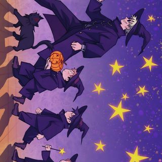 an animated image of some people flying in the air with stars around them on a purple background Halloween Jjk Jjk Thanksgiving, Jujutsu Kaisen Witch, Gojo Jjk Team Gojo, dark slate blue