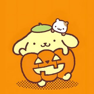 an orange background with a dog holding a pumpkin Sanrio Halloween Pompompurin Autumn, Pompompurin Thanksgiving, Pompompurin Halloween Background, dark orange